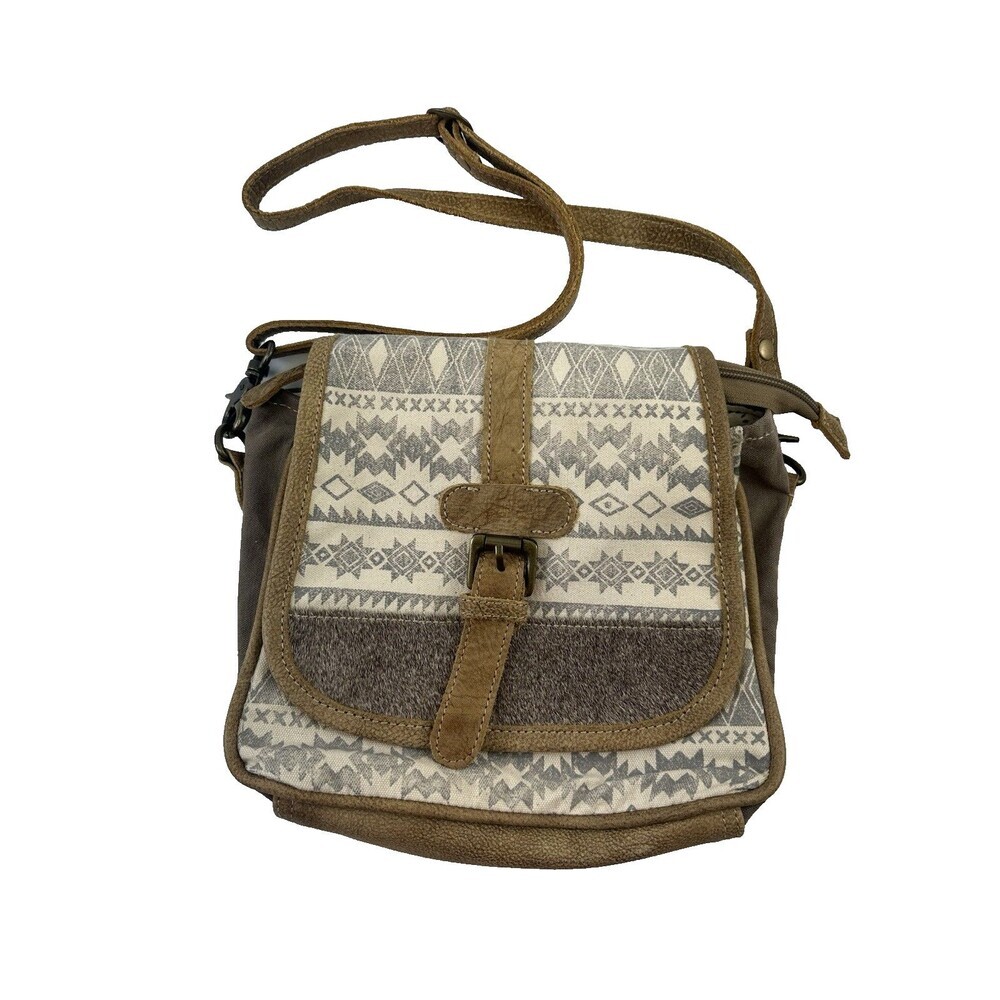 Myra Bag‎ Flapover Crossbody Brown Canvas Leather Pattern Upcycled Medium Snap